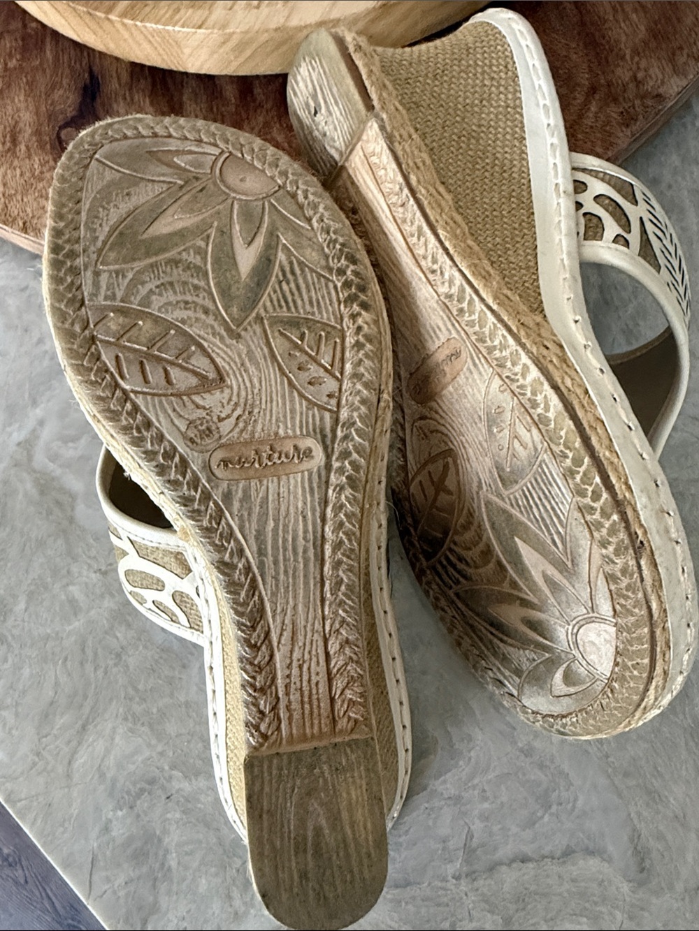 Nurture Leather Jenny Wedge Cut-Out Look Braided Jute Floral Cream Brown 8.5 - Picture 7 of 11